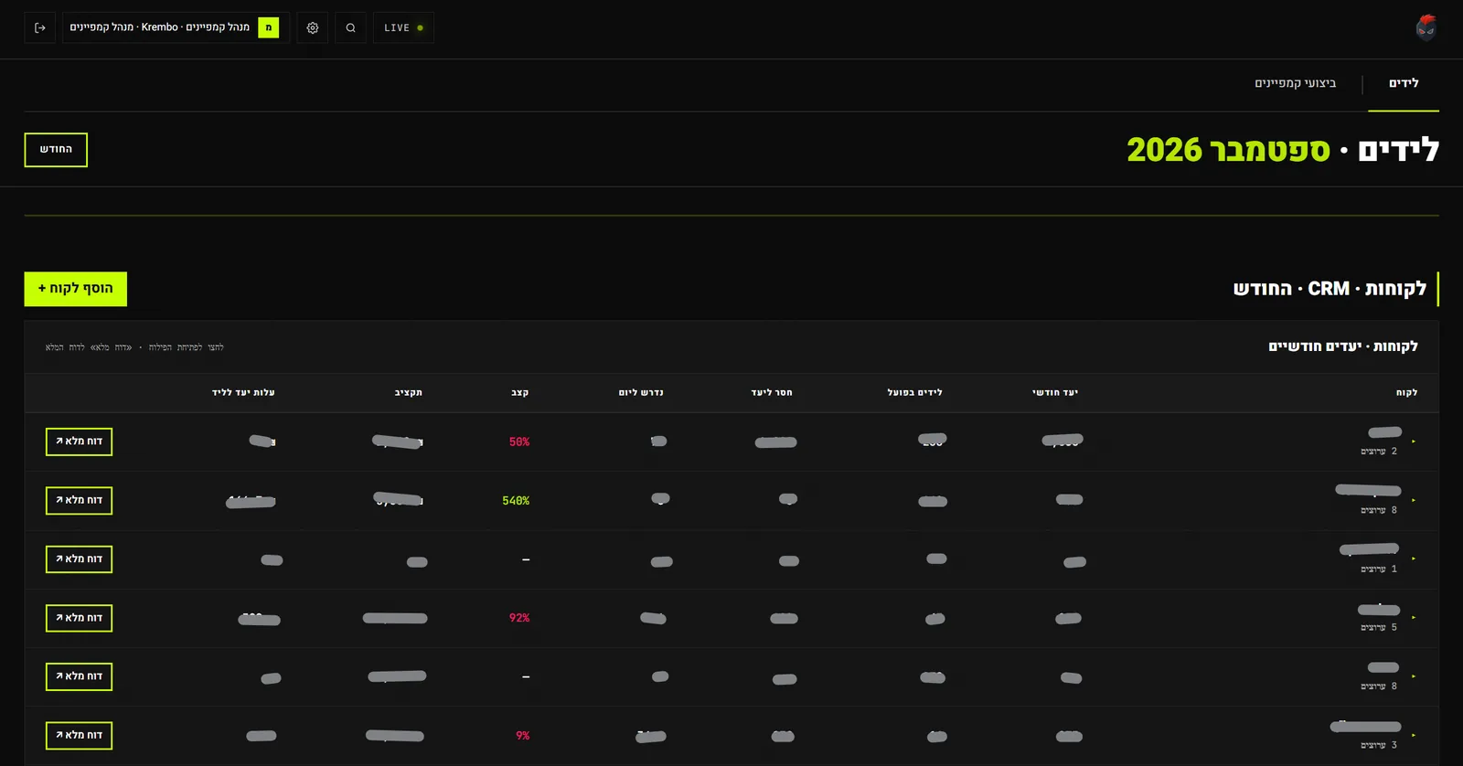 The monthly leads and budget monitor: one row per client, with columns for monthly target, actual leads, shortfall, leads required per day, pace against target, budget and target cost per lead. Client names and figures are redacted; the pace column is a ratio, so it is not.