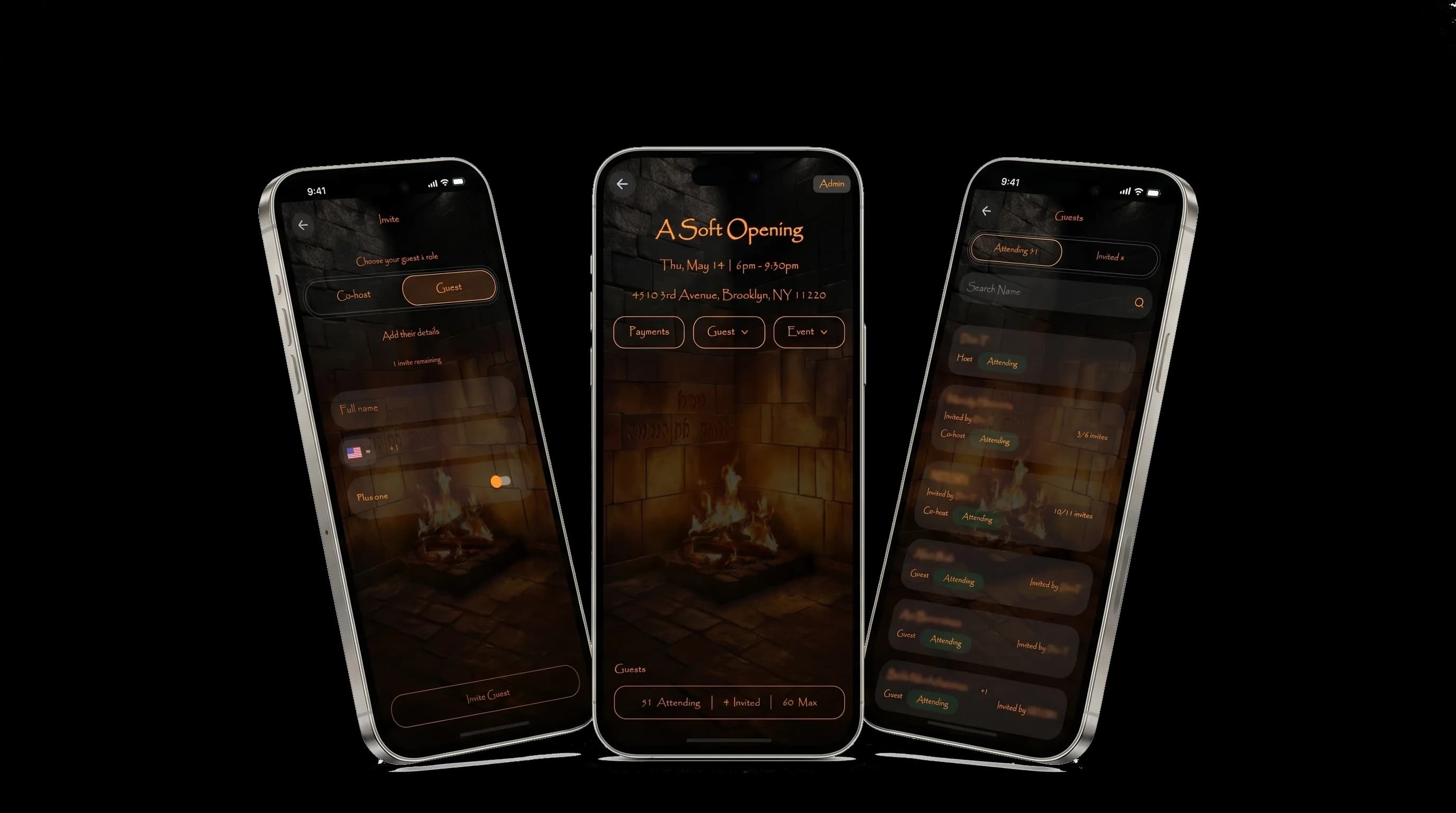 The Nura Events app shown on desktop and mobile, with an event guest list open.