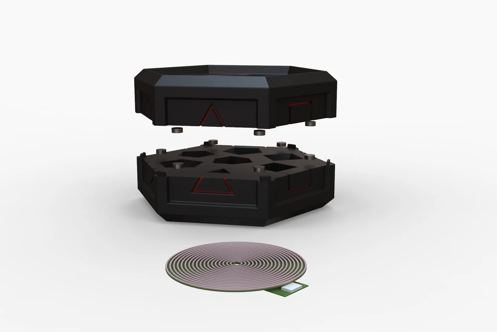 Exploded view of the 4DnD dice box, showing the lid, dice tray, electronics housing and base as separate components.