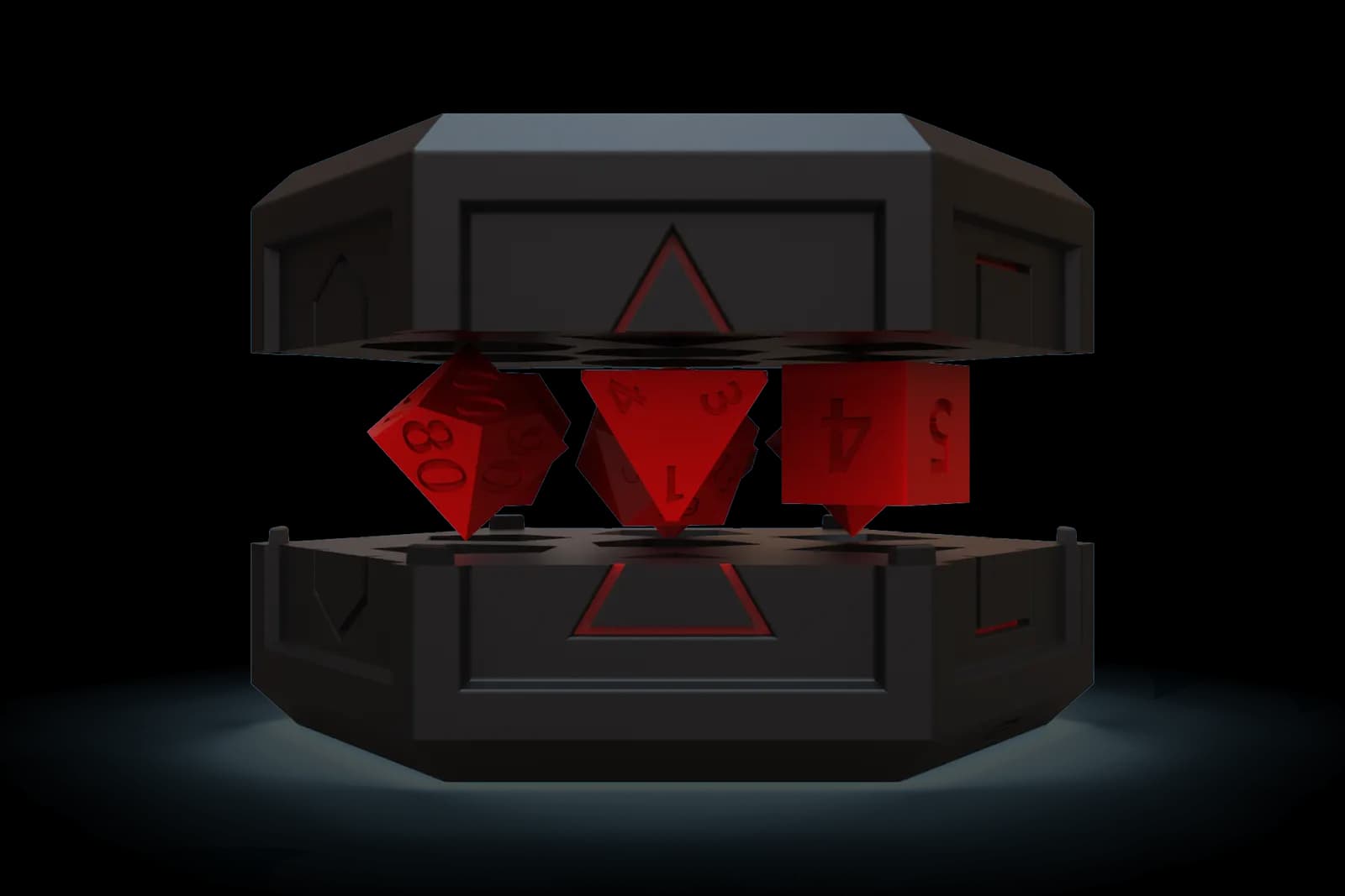 The dice box open, its lid lifted clear, with three translucent red polyhedral dice suspended between lid and base.