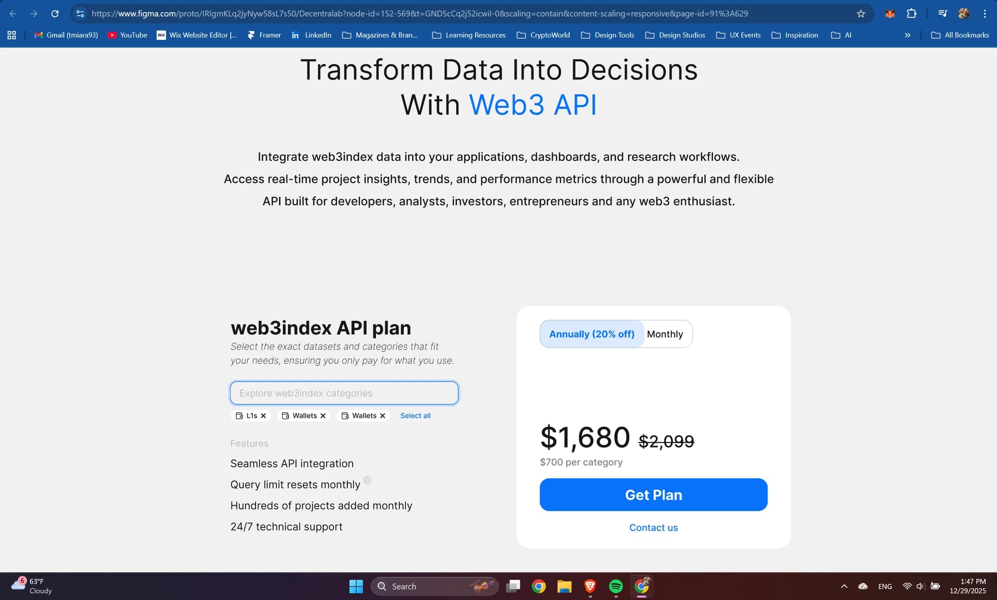 The API Index pricing page, showing the single customisable plan priced by selected data category with a declining per-category rate.