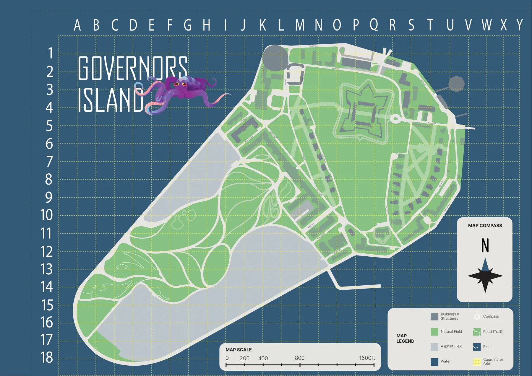 The children's map of Governors Island, drawn as a coordinate grid with lettered columns and numbered rows, a legend, a scale bar and a compass rose.